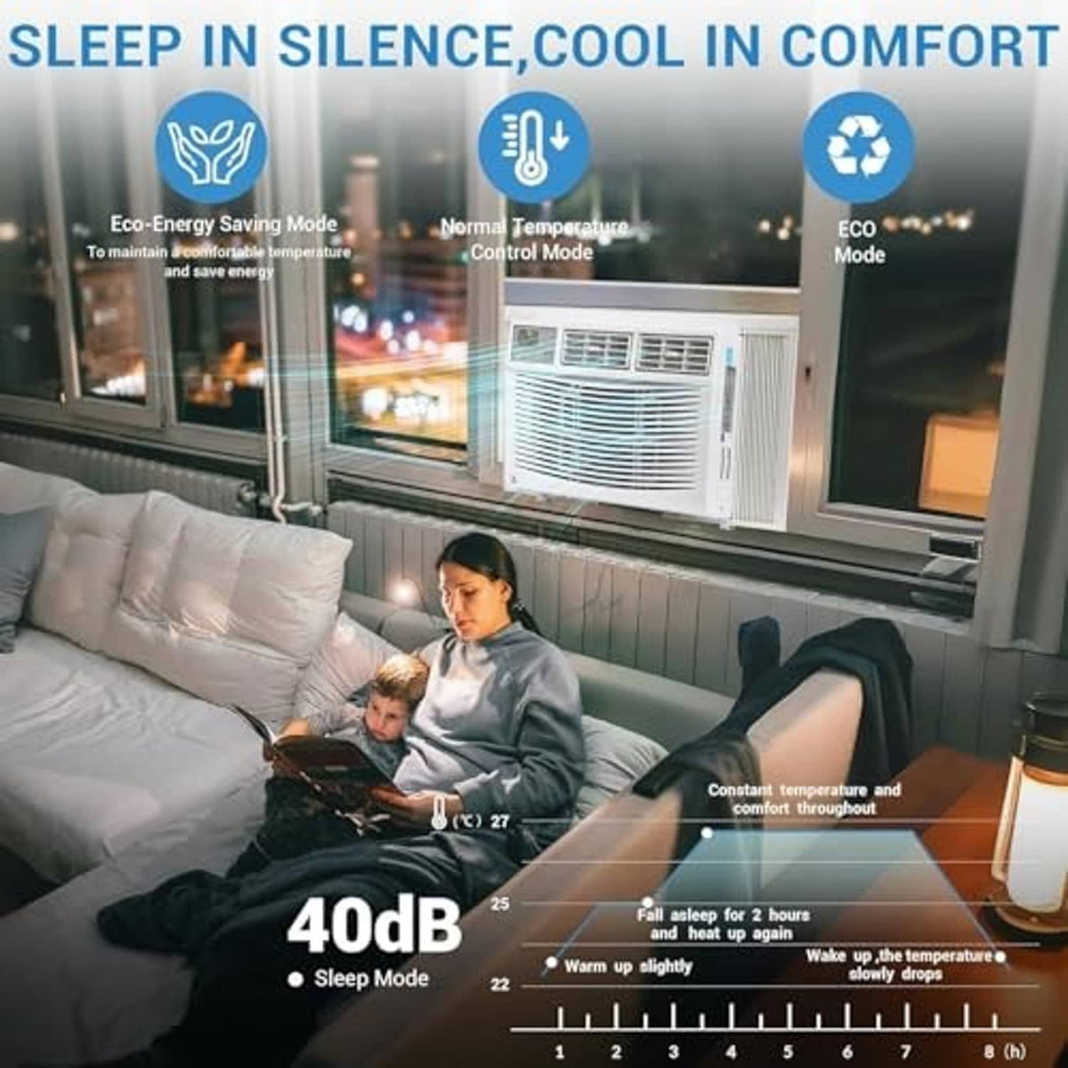 Window air conditioner with sleep and eco mode indicators on the front panel