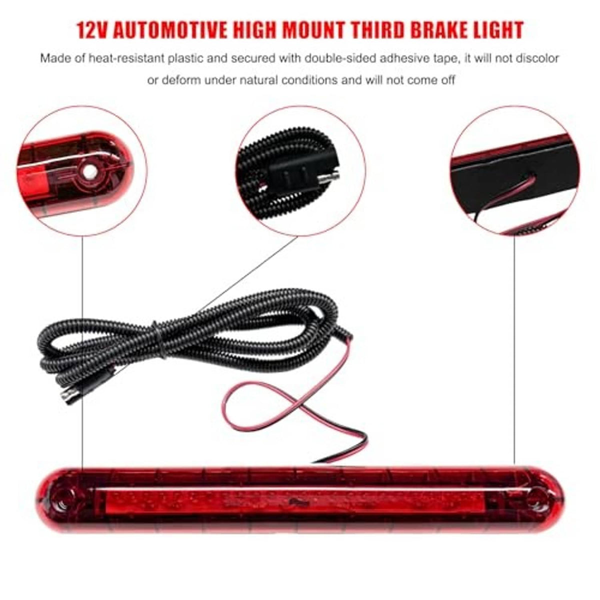 Red 12V third brake light with clear lens and black wiring harness