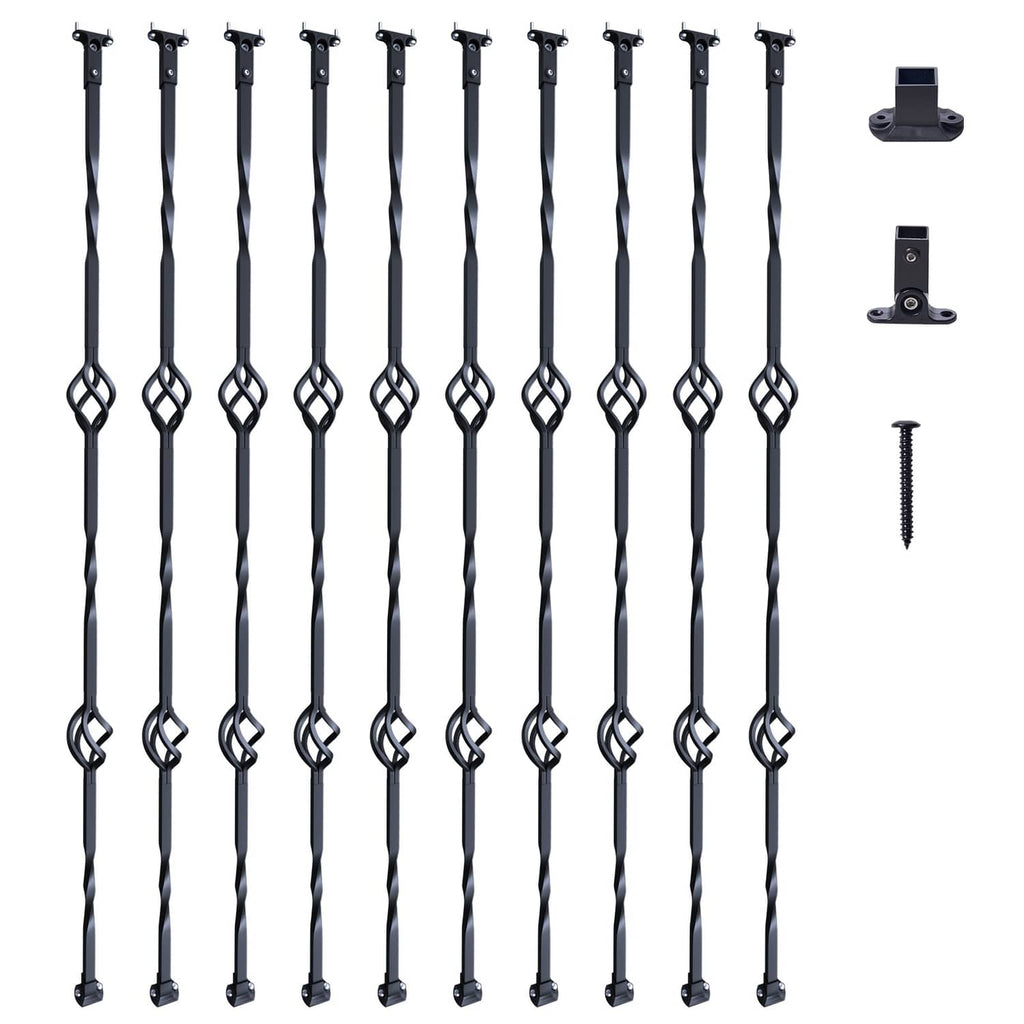 10 black steel deck balusters with double-basket scroll loops plus two base brackets and screws
