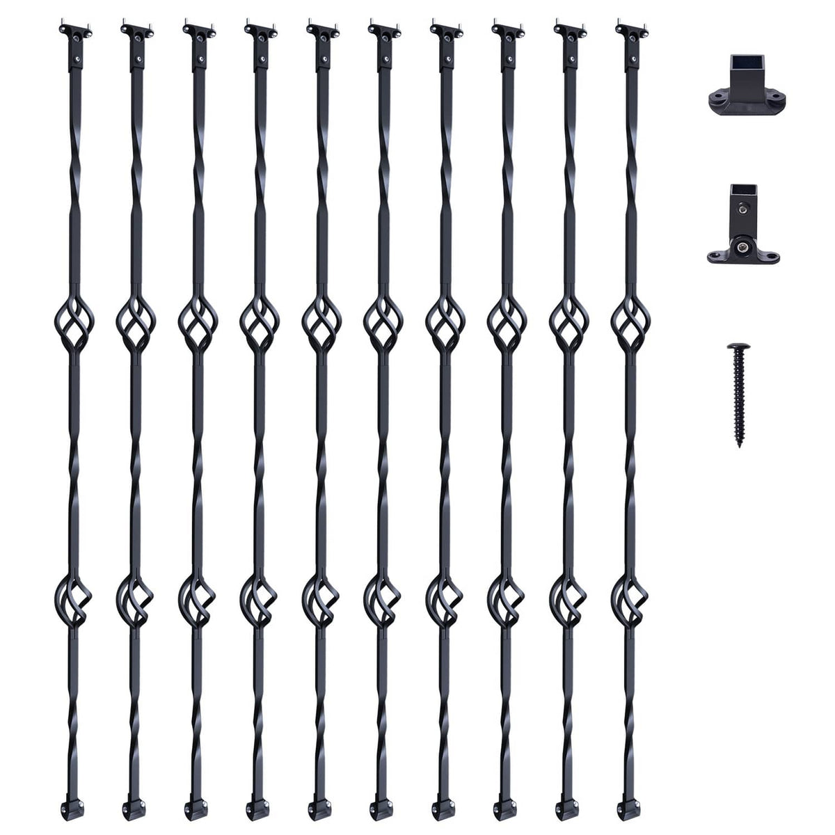 10 black steel deck balusters with double-basket scroll loops plus two base brackets and screws