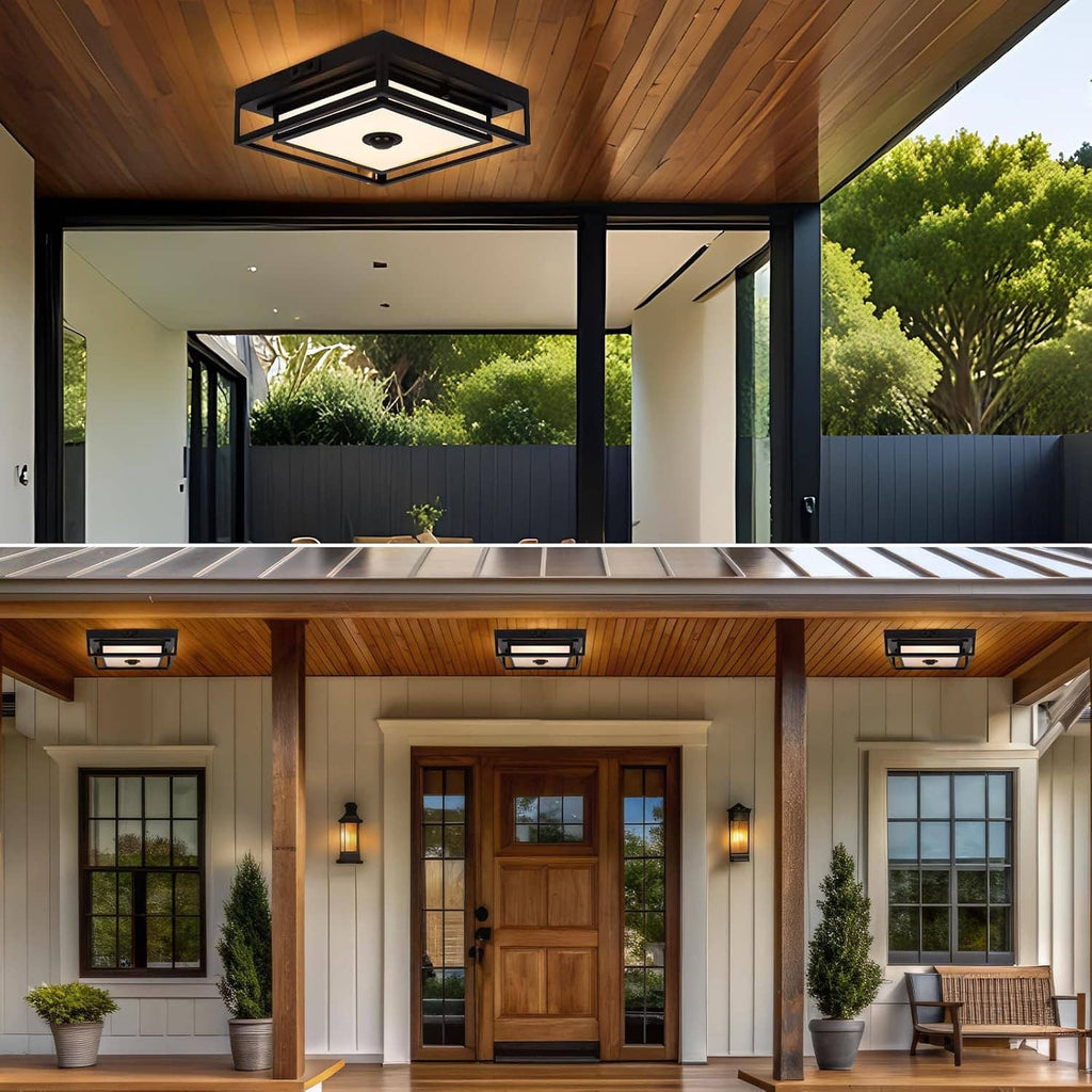 Outdoor porch ceiling LED flush mount light, black square frame and motion sensor