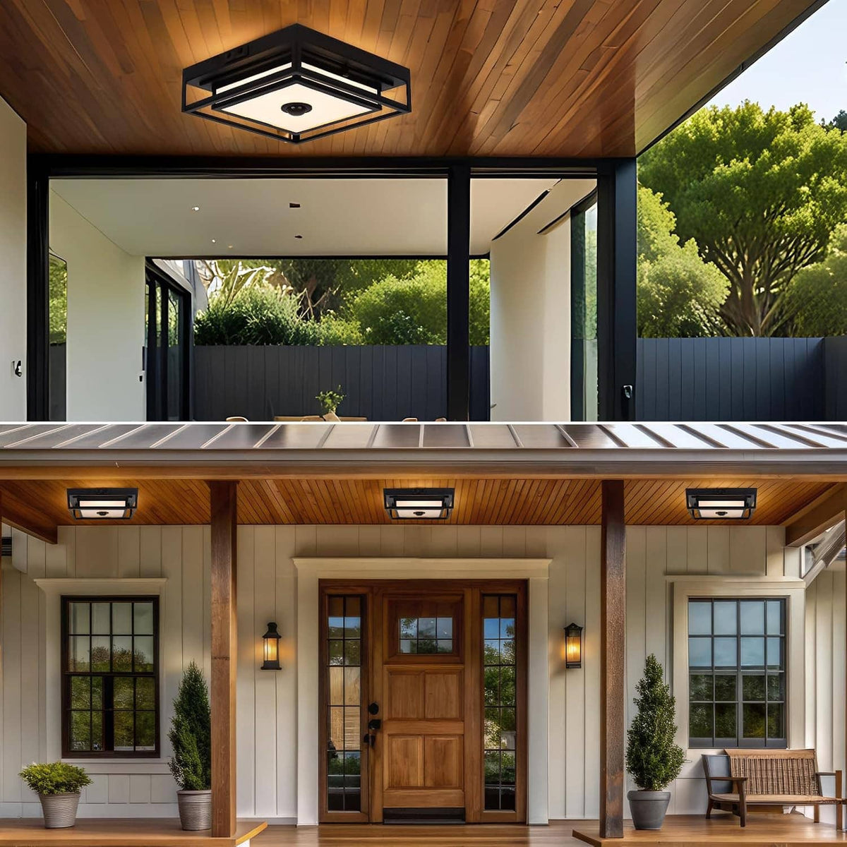 Outdoor porch ceiling LED flush mount light, black square frame and motion sensor