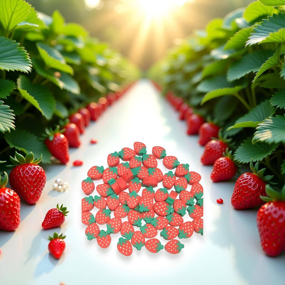 Strawberry-shaped polymer clay beads forming a heart-like cluster with red fruit.