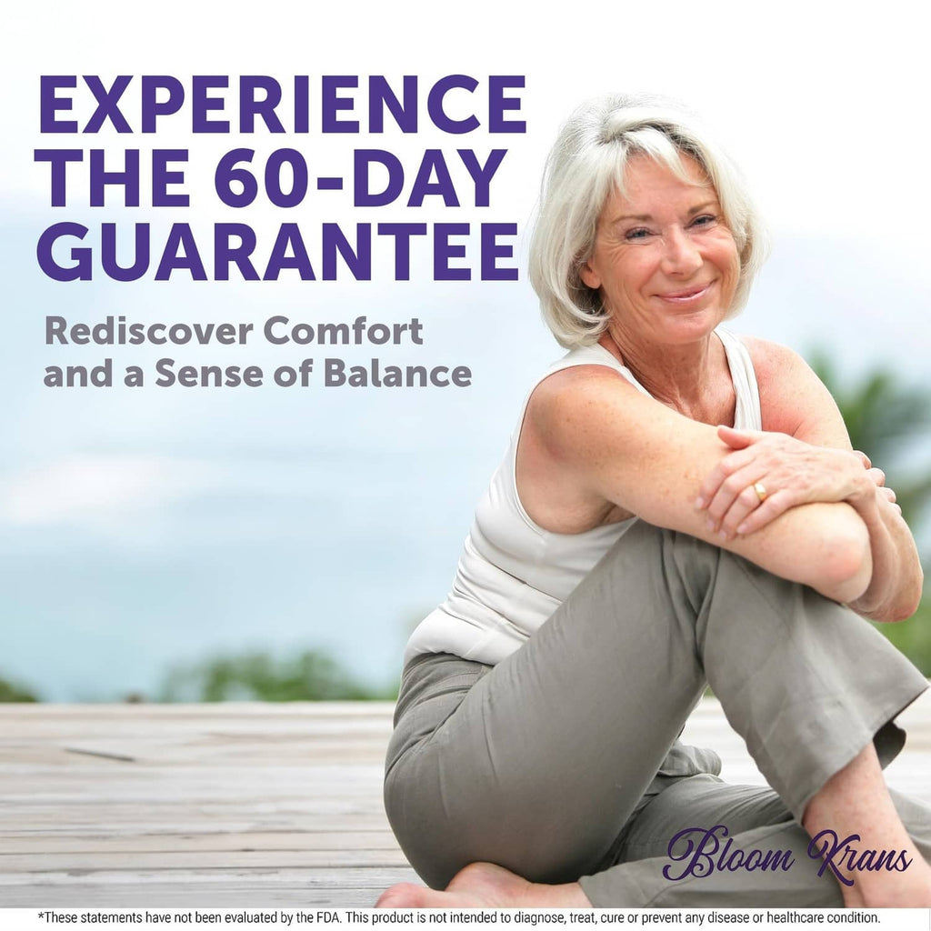 Vulva Harmony 60-day guarantee promotional graphic with smiling senior woman
