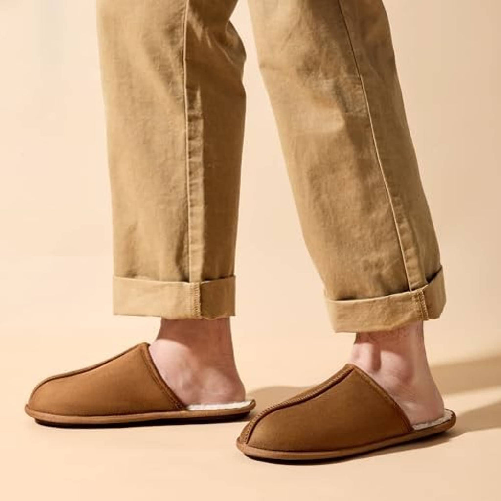 Chestnut suede scuff slippers with sherpa fleece interior worn with rolled pants