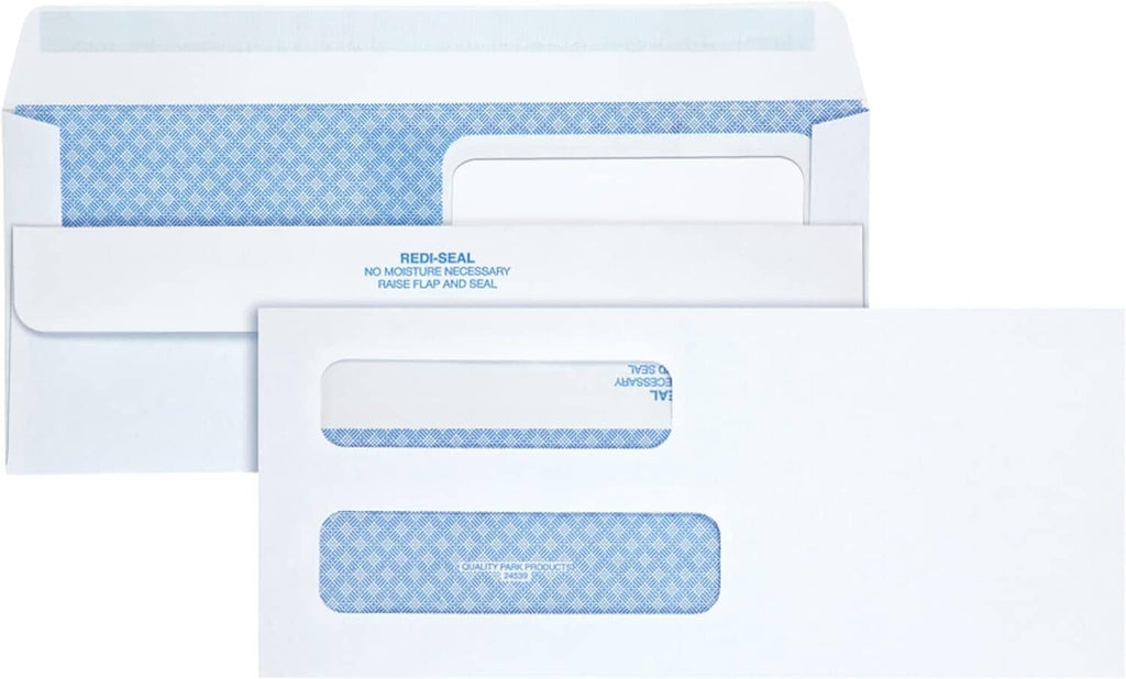 Security envelope front with two blue windows and self-sealing flap strip