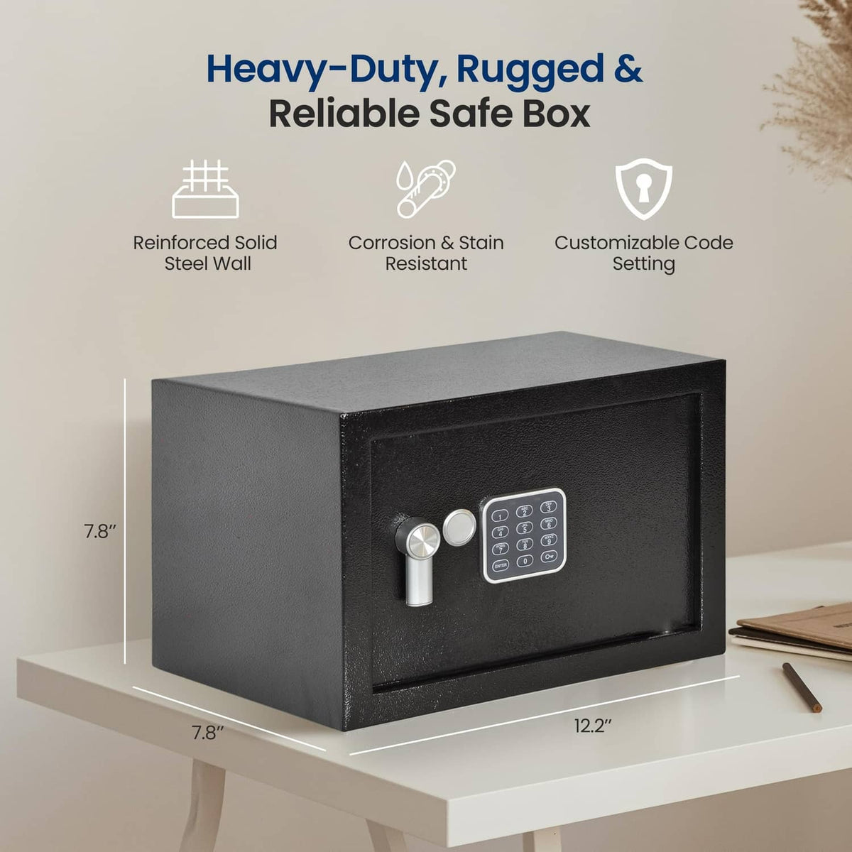 Black heavy-duty safe box with keypad and silver handle, front view