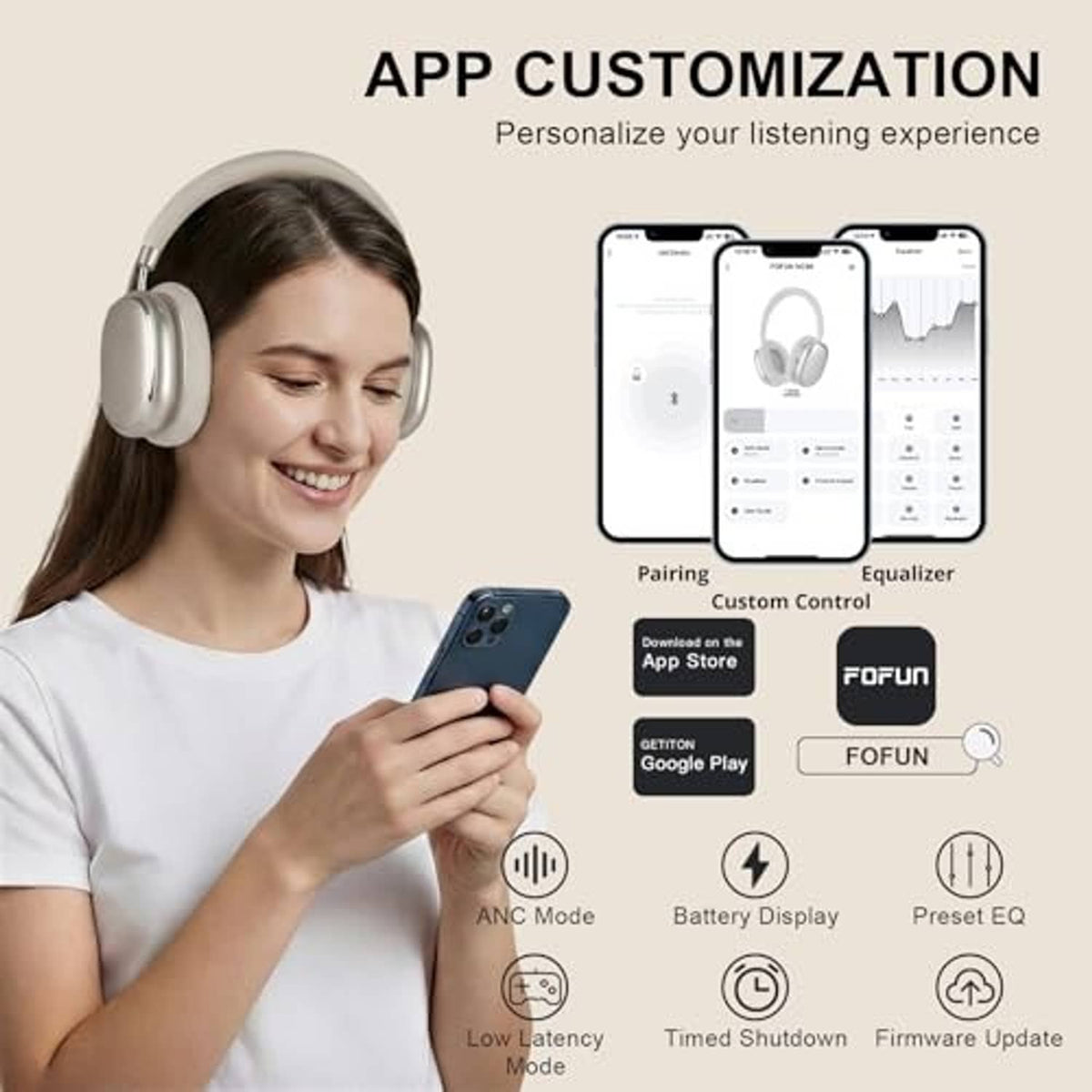 Woman using phone with NC95 starlight over-ear ANC headphones for app control
