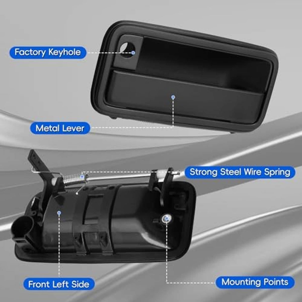 Black exterior door handle with metal lever, keyhole, and spring mechanism details