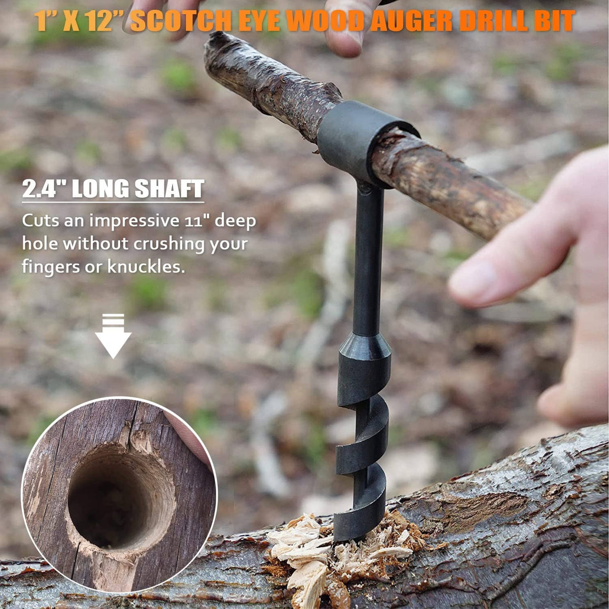 Wood auger drill bit drilling into a log, showing eye tip and spiral flutes