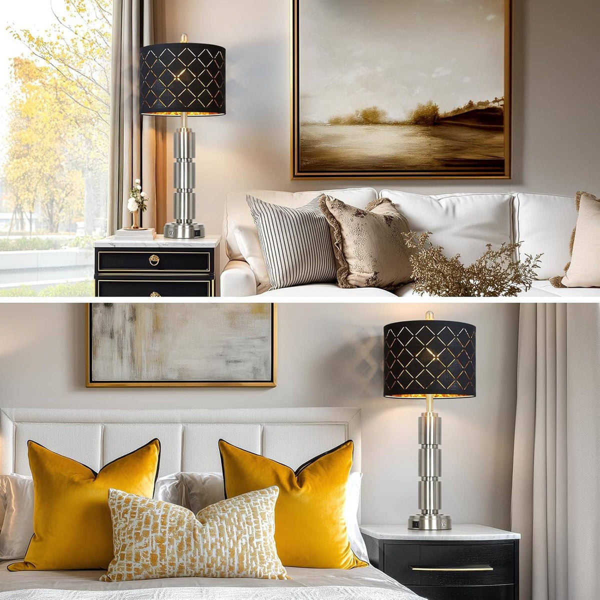 Set of table lamps with black diamond-pattern shades and brushed metal bases in a living room