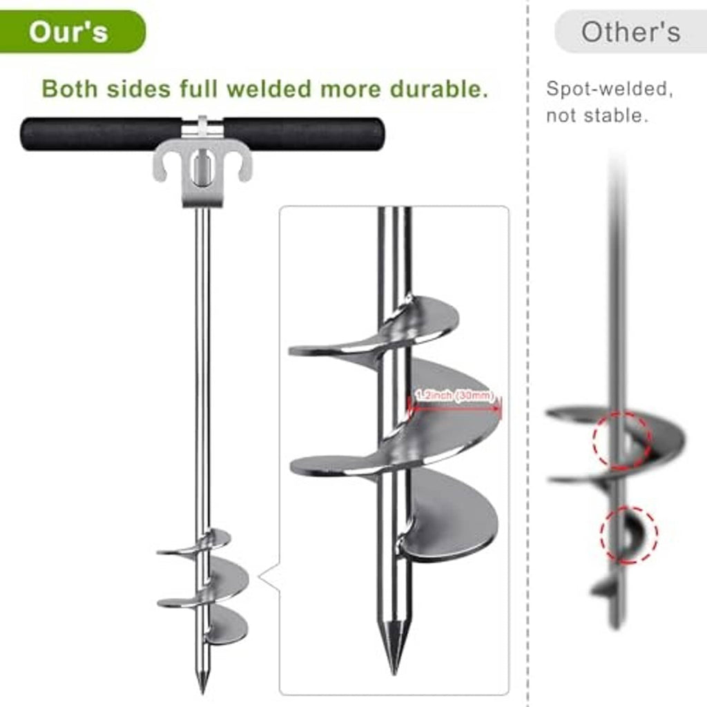 Sand anchor comparison showing fully welded auger and base details