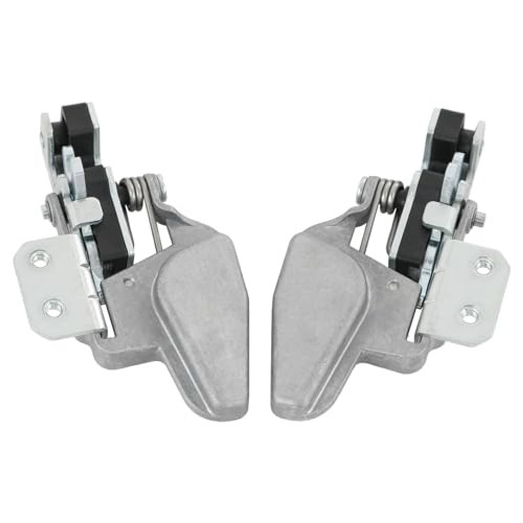 Angled pair of metal door latch locks with spring-loaded hardware and mounting brackets