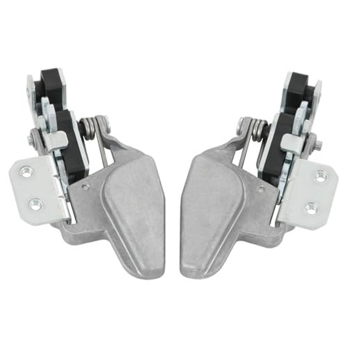 Angled pair of metal door latch locks with spring-loaded hardware and mounting brackets