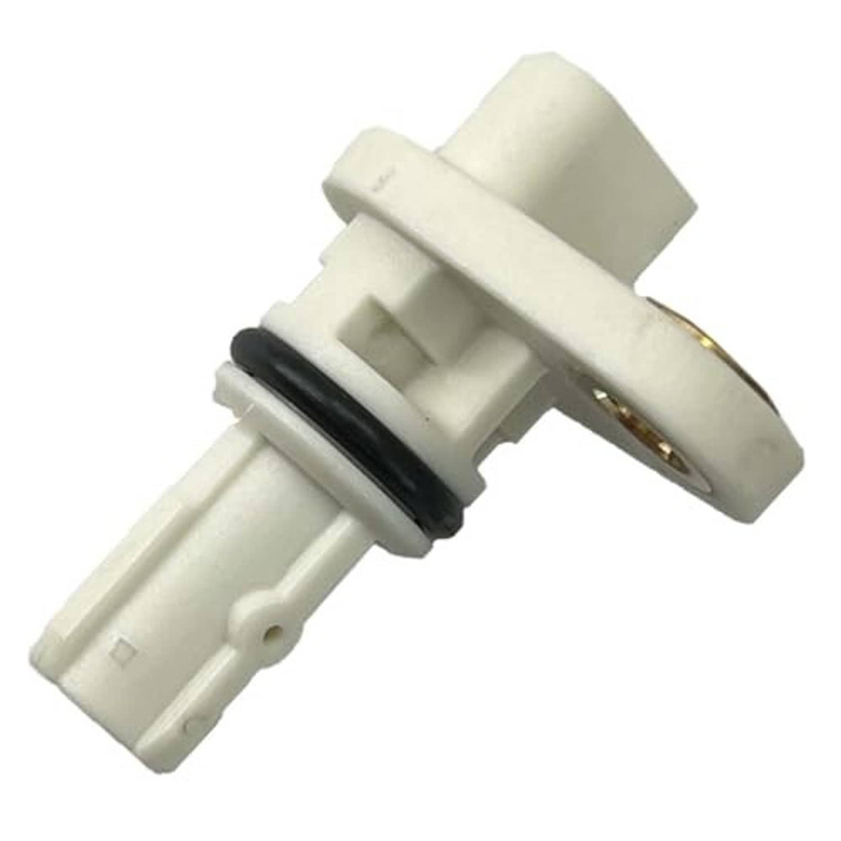 Crankshaft position sensor with white body, black O-ring, and gold mounting tab