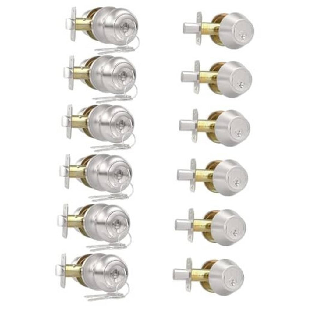 Brushed nickel exterior keyed door knob with lock, single cylinder deadbolt set (6-pack).