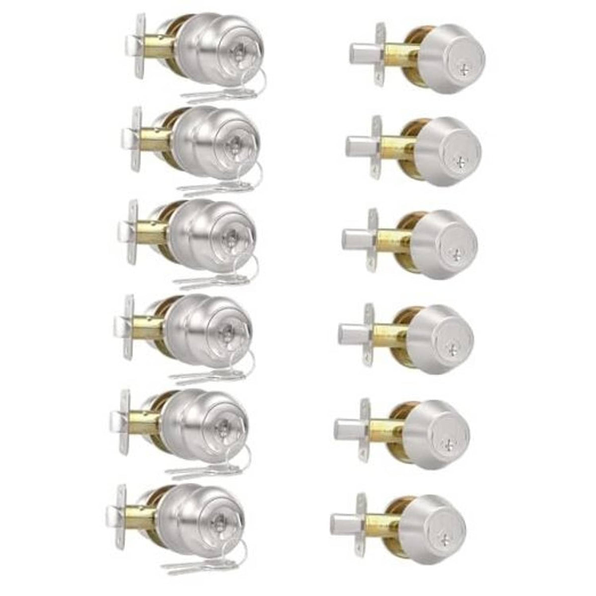 Brushed nickel exterior keyed door knob with lock, single cylinder deadbolt set (6-pack).