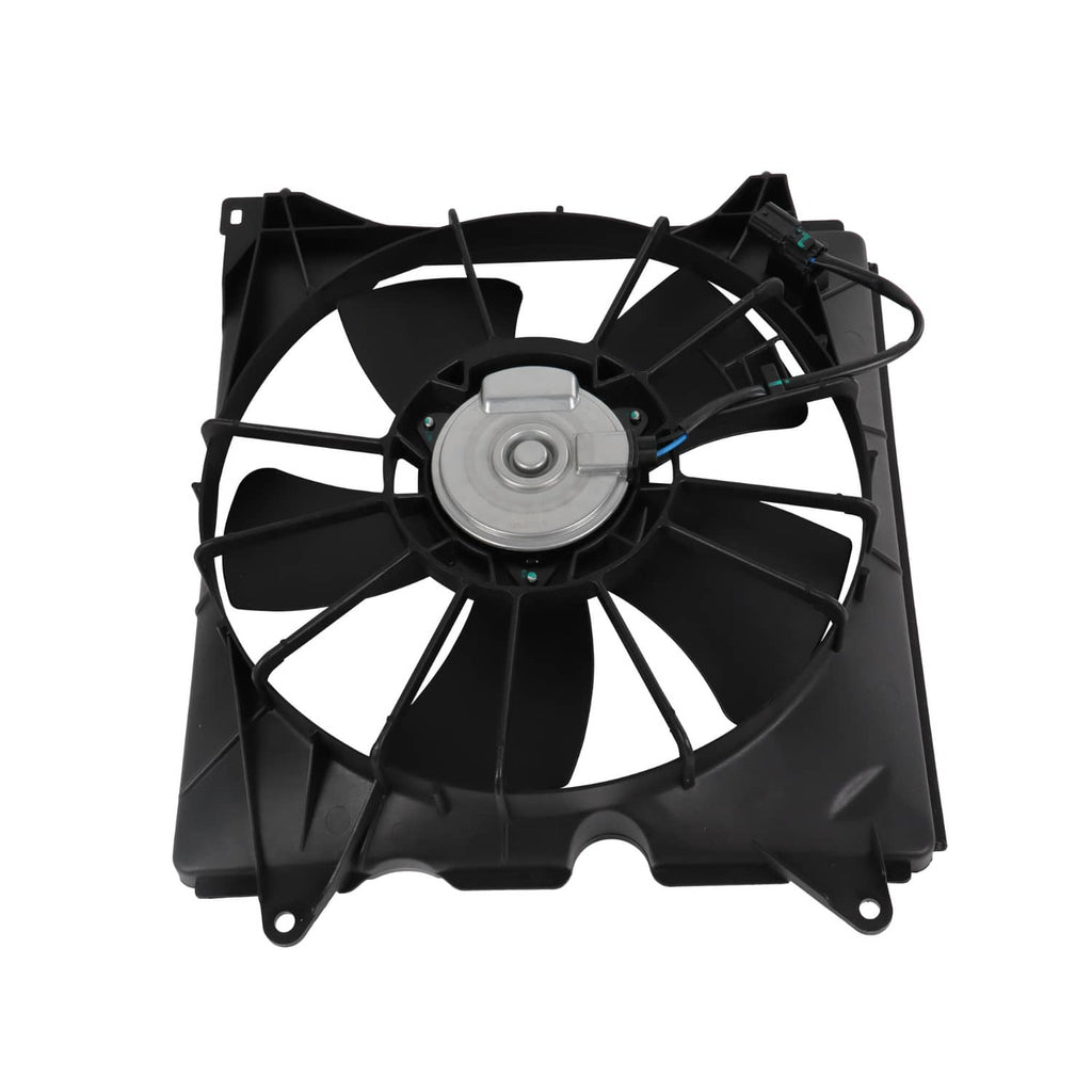 Radiator cooling fan assembly with black blades, motor hub, and wiring connector