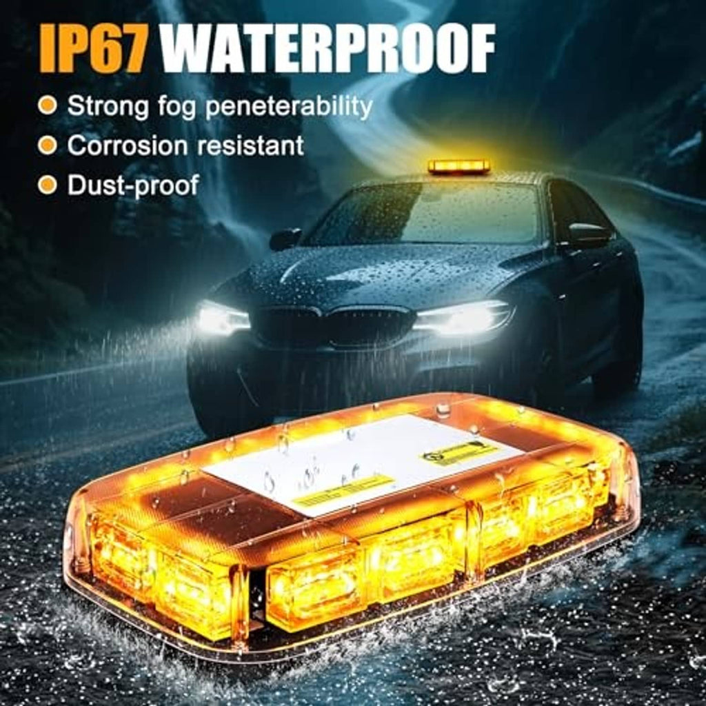 Amber LED strobe light in rain and water spray for weather protection