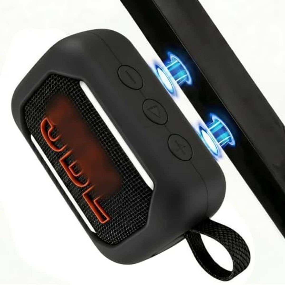 Black silicone speaker case with mesh speaker grille and wrist strap, control buttons