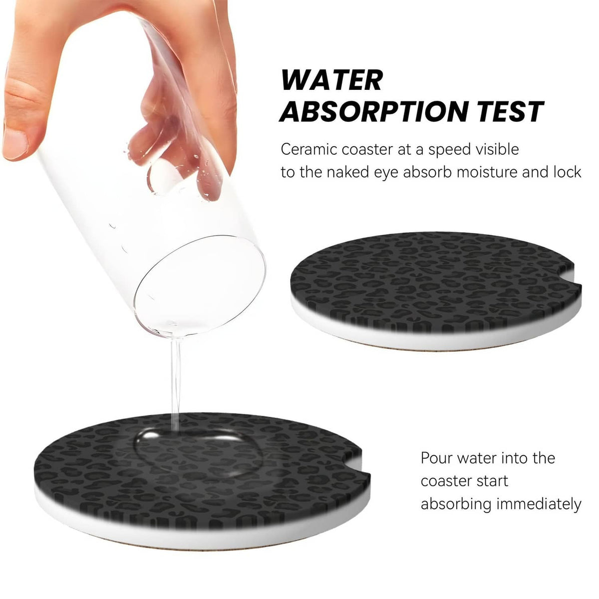 Black leopard print ceramic coaster with water poured and absorbed