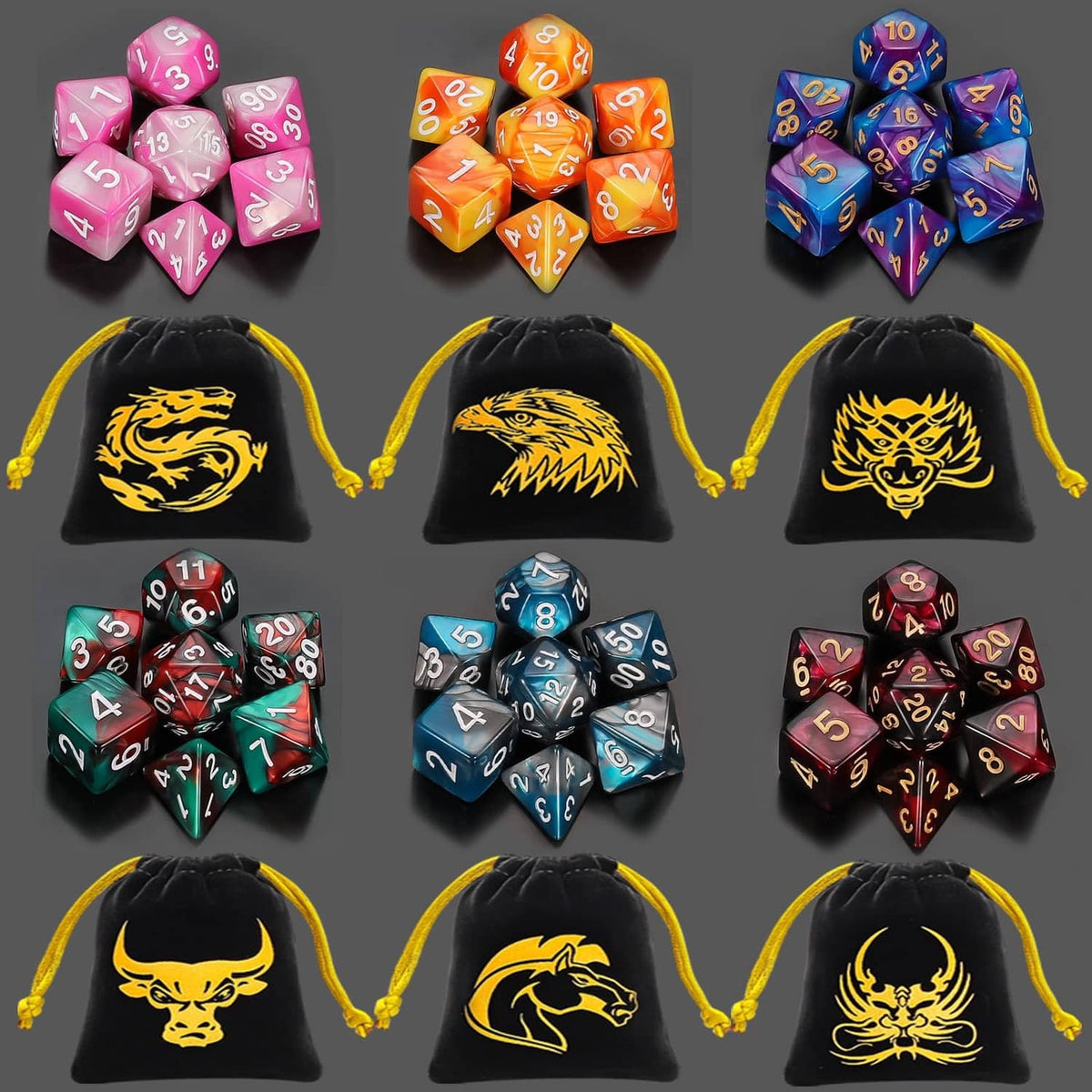 Polyhedral dice with three dragon-themed drawstring pouches; multicolor dice shown