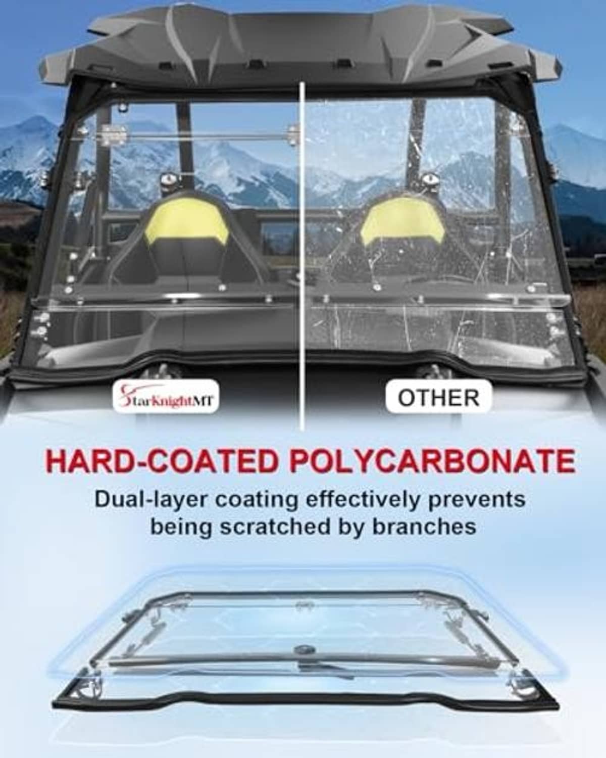 Flip-up UTV windshield with clear polycarbonate panel and hinged frame