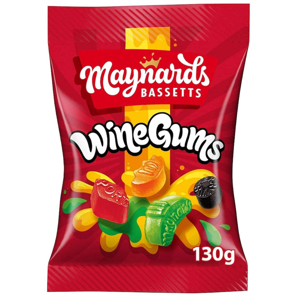 WineGums 130g candy bag, red front with fruit-shaped gummies illustration.
