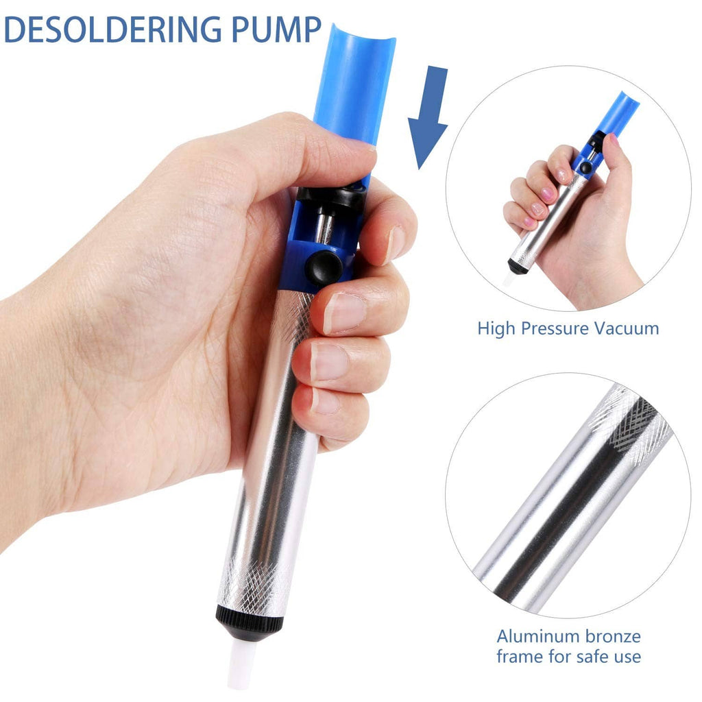 Desoldering wick tool in hand with blue vacuum pump and silver braid