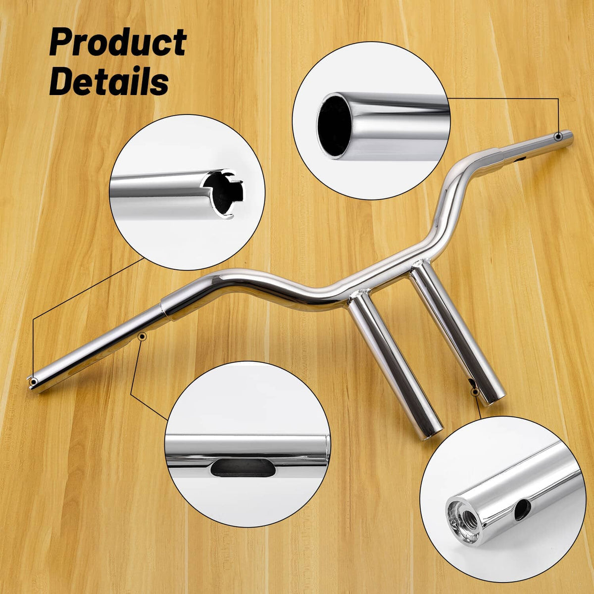 Chrome 14-inch T-bar handlebar with end openings and tube mounting hardware
