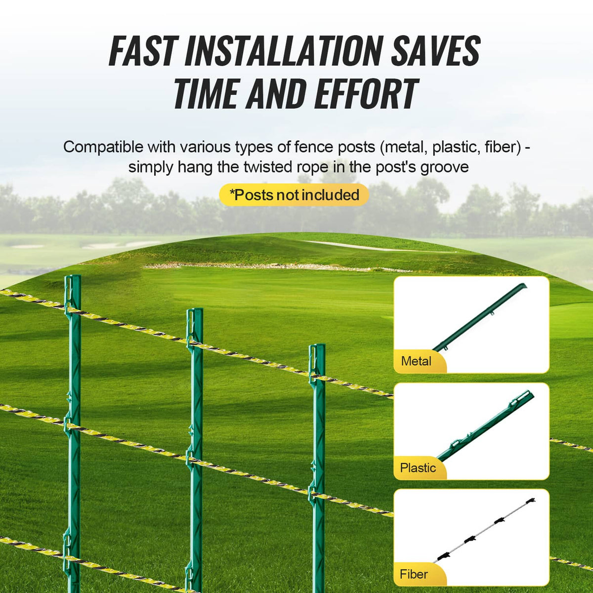 Electric fence wire strung between green posts with quick, easy installation style