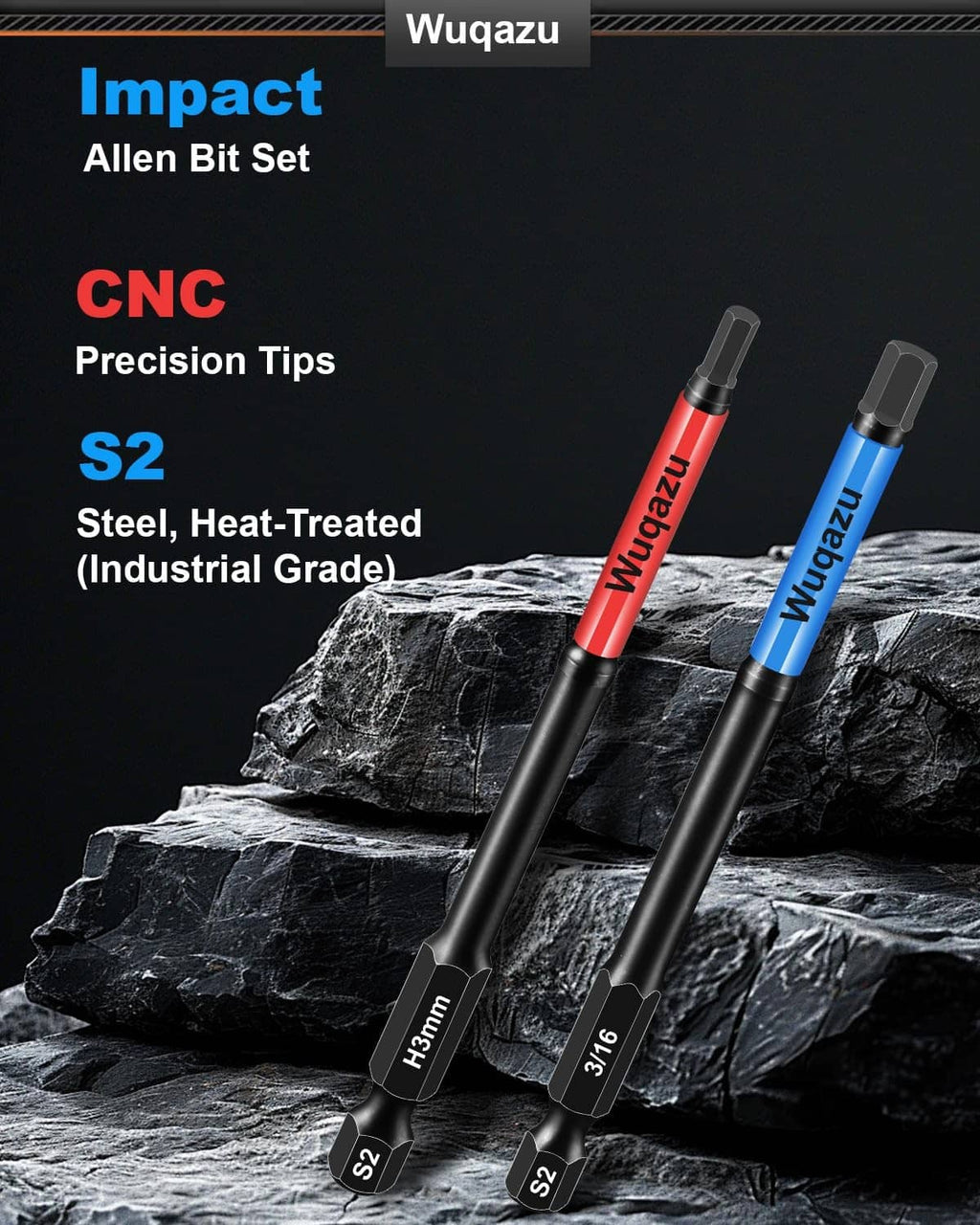 Impact Allen hex bit set with S2 steel tips, two black bits with red and blue labels