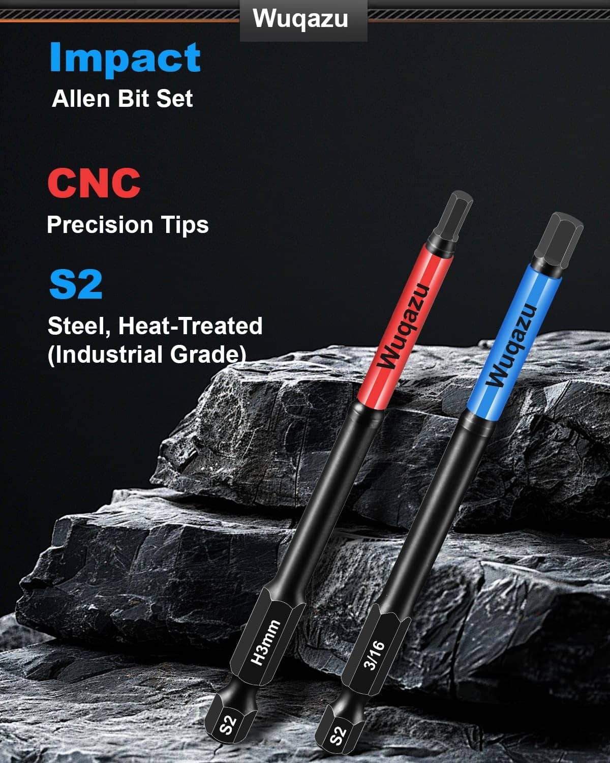 Impact Allen hex bit set with S2 steel tips, two black bits with red and blue labels