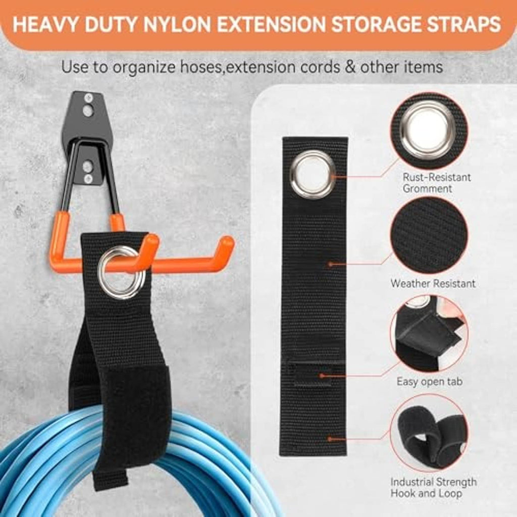 Heavy-duty nylon extension storage strap with black hook and orange curved hanger