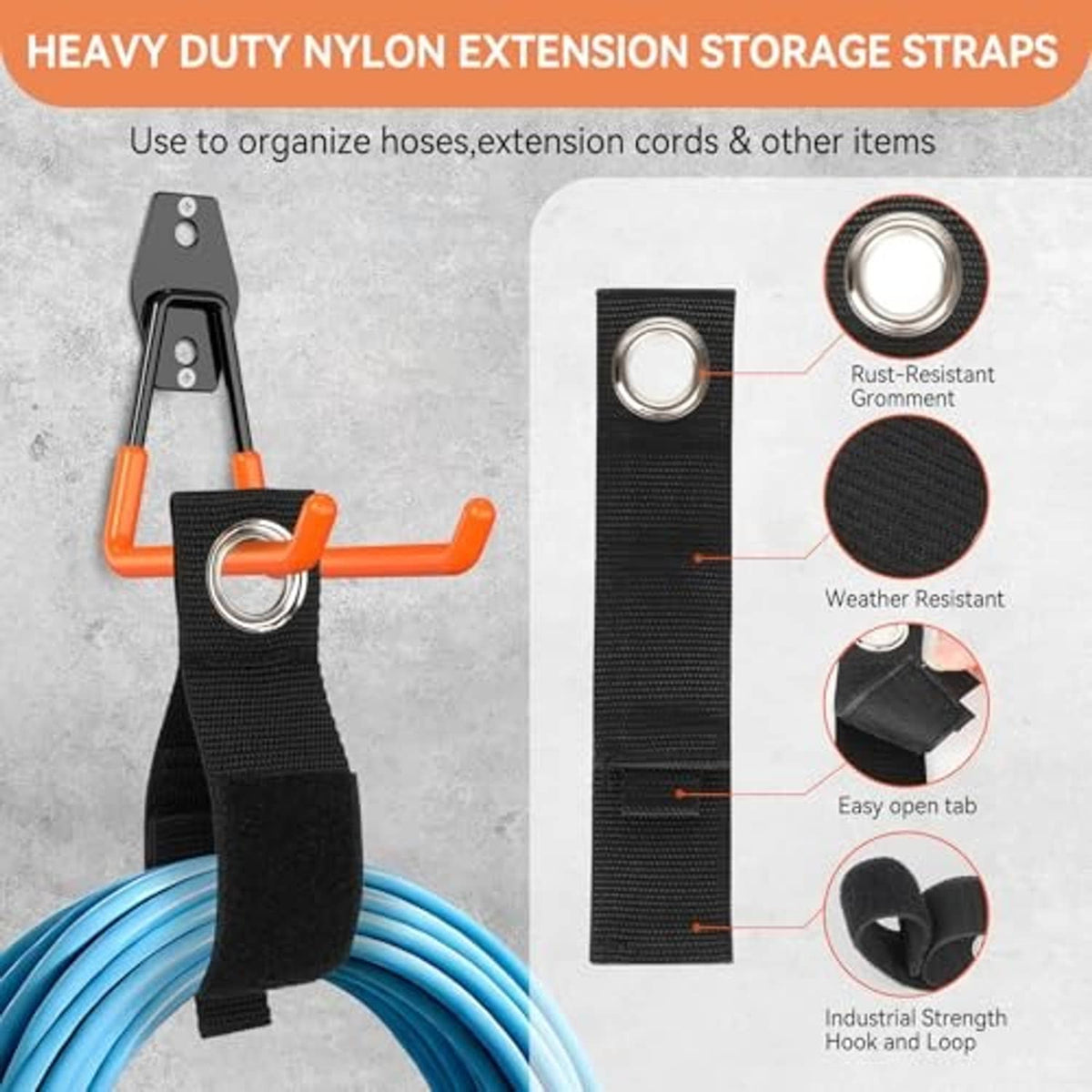 Heavy-duty nylon extension storage strap with black hook and orange curved hanger