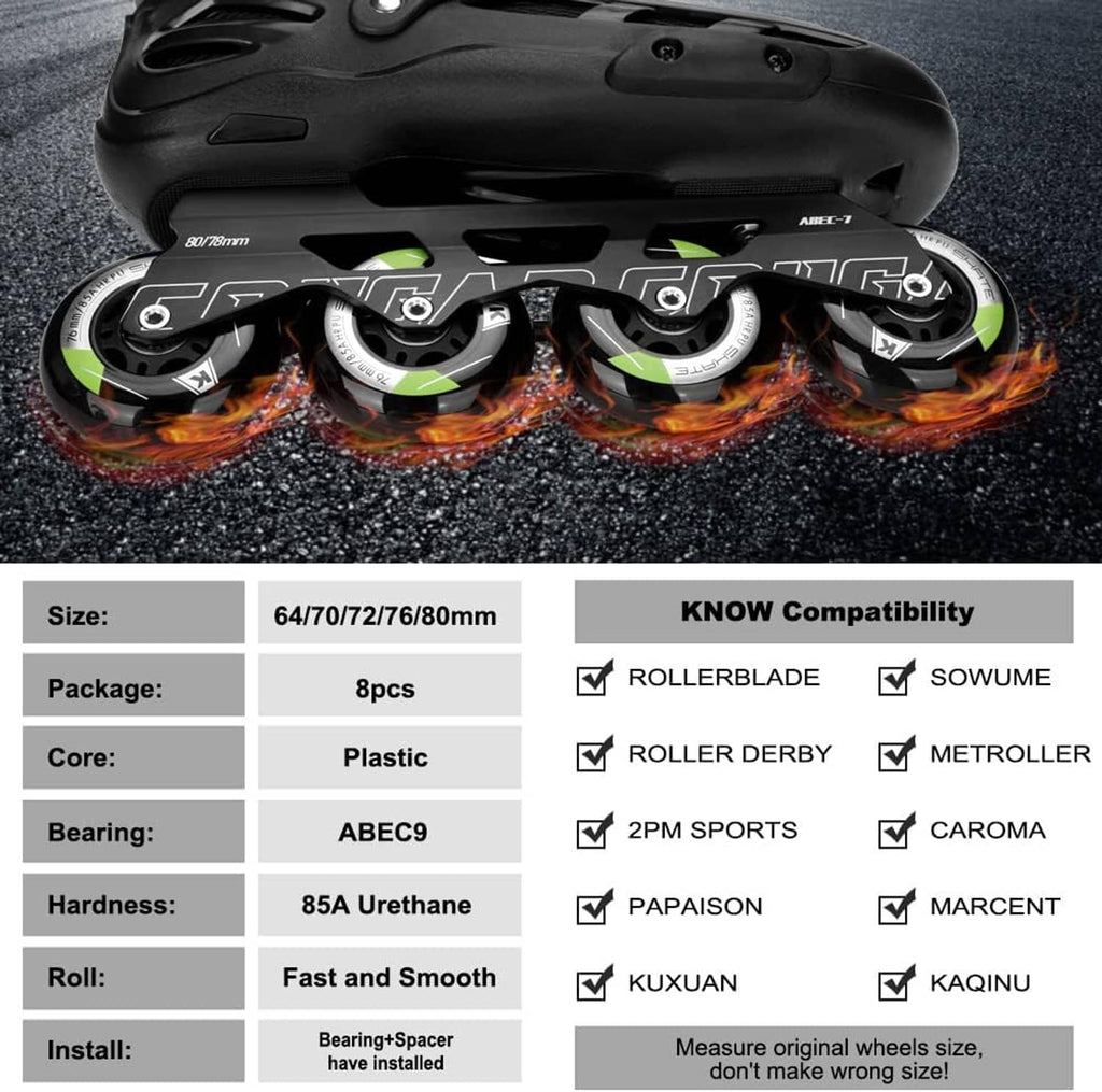 Inline skate wheels with green accents and ABEC9-style hub, top view on skate frame