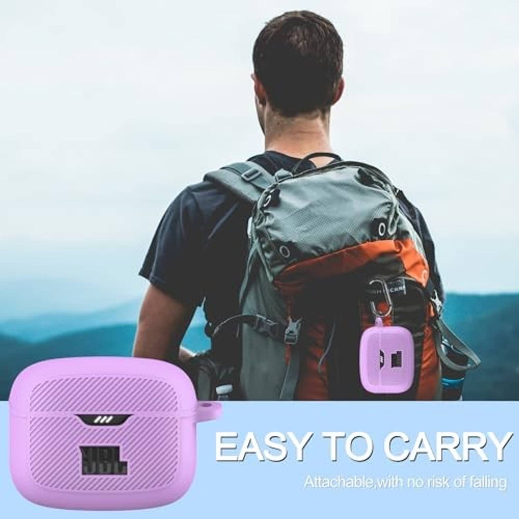 Purple silicone earbuds case with metal carabiner clip, easy-to-carry design