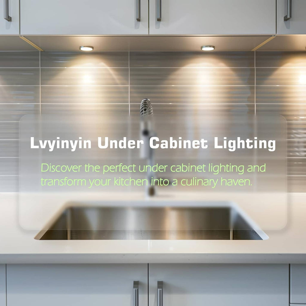 Under-cabinet LED puck lighting set with round lights installed beneath shelving