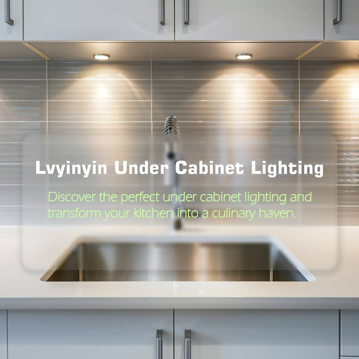 Under-cabinet LED puck lighting set with round lights installed beneath shelving