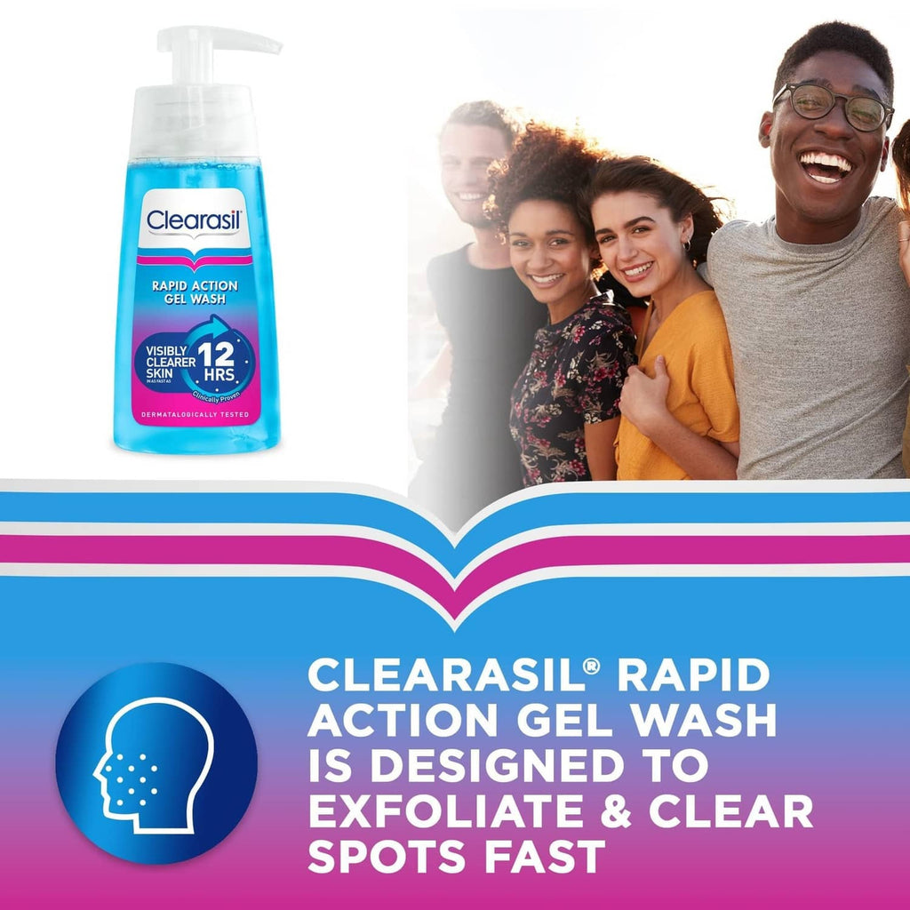 Clearasil gel wash bottle with pump, turquoise label with blue and pink accents