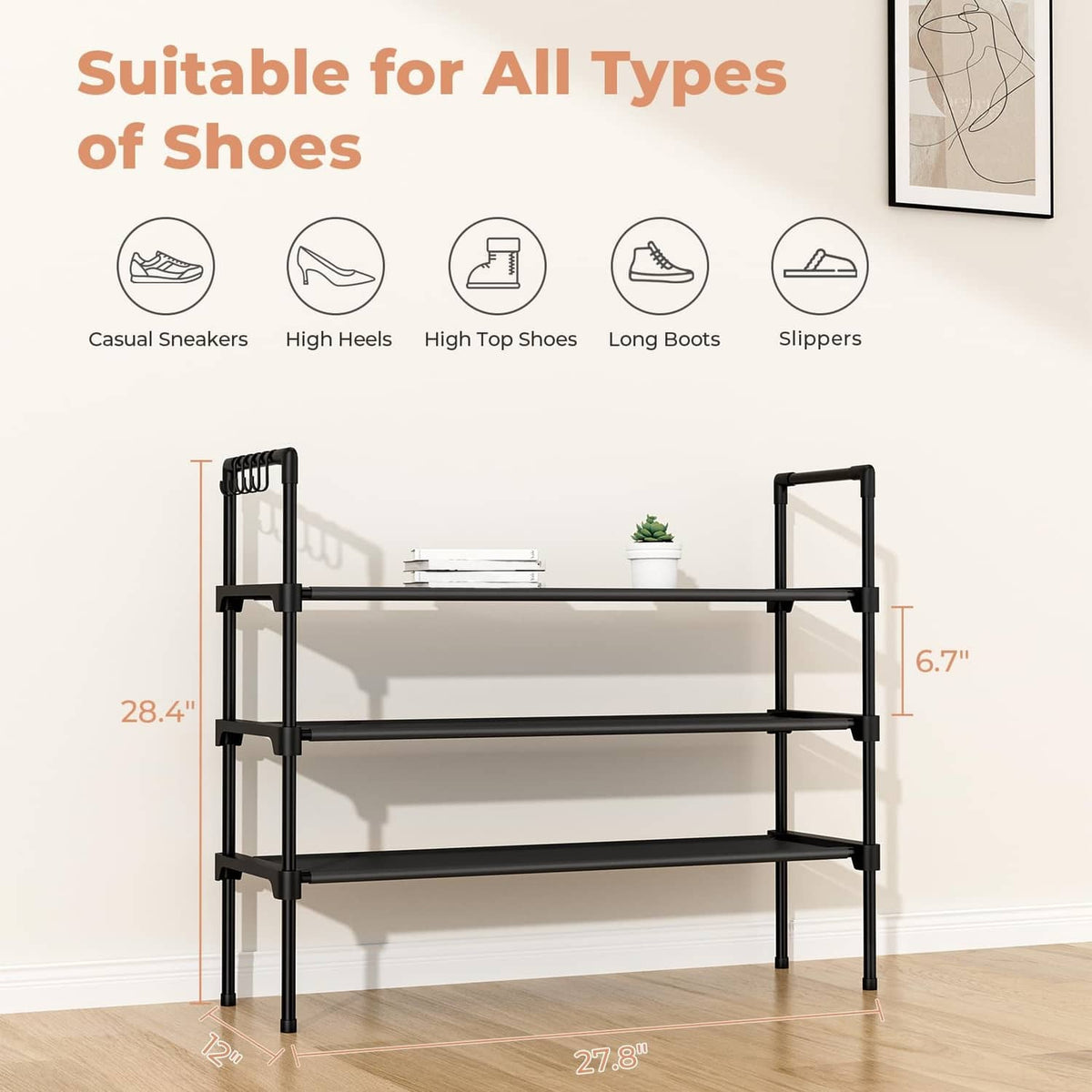 Black 3-tier shoe rack with open frame and side rails for storing shoes