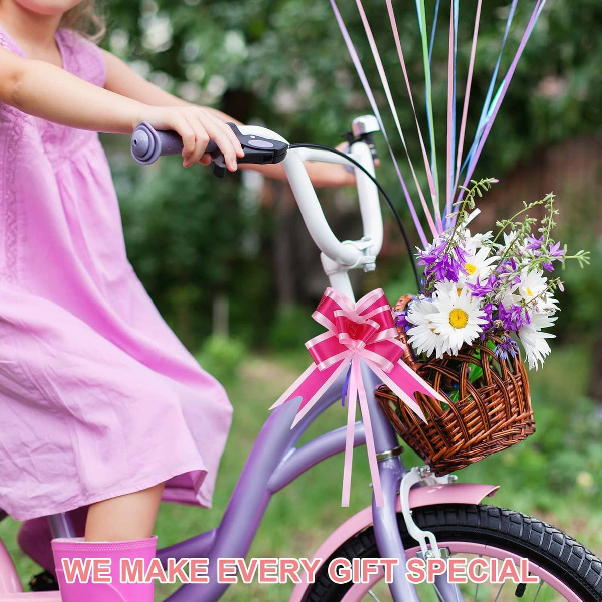 Pink ribbon gift bow on a wicker basket with long tails and loops