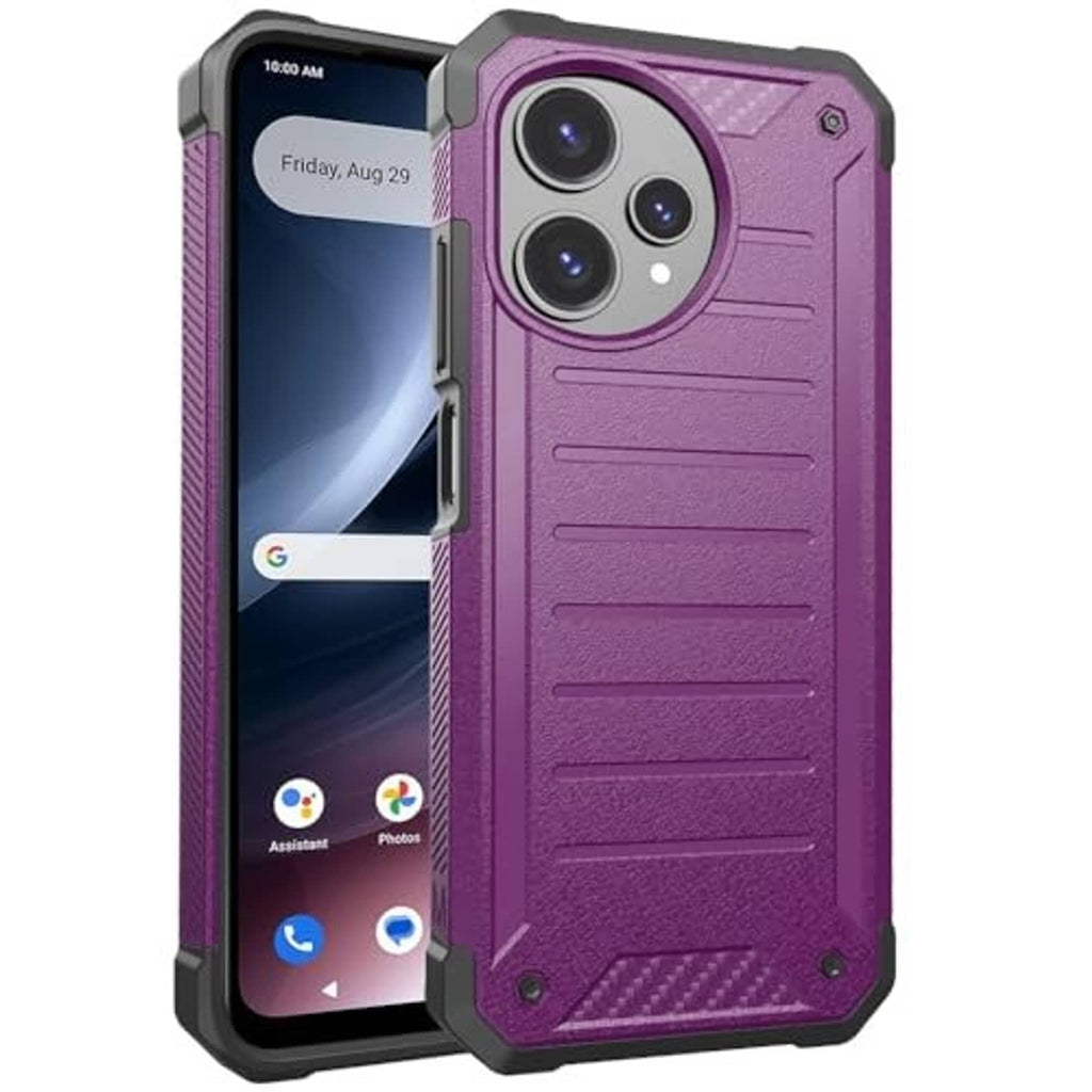 Purple rugged phone case with triple camera cutout and side button openings
