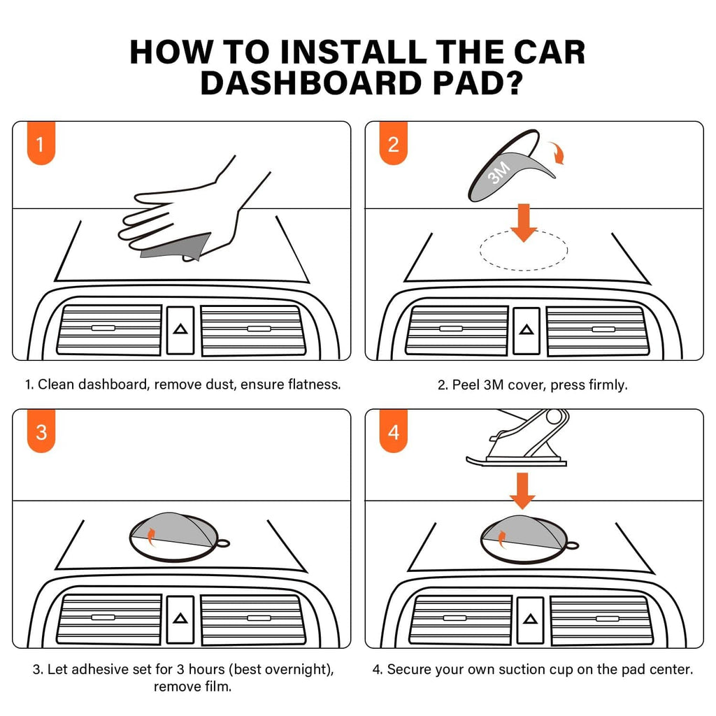 Black car dashboard adhesive pad being pressed on with red 3M VHB backing