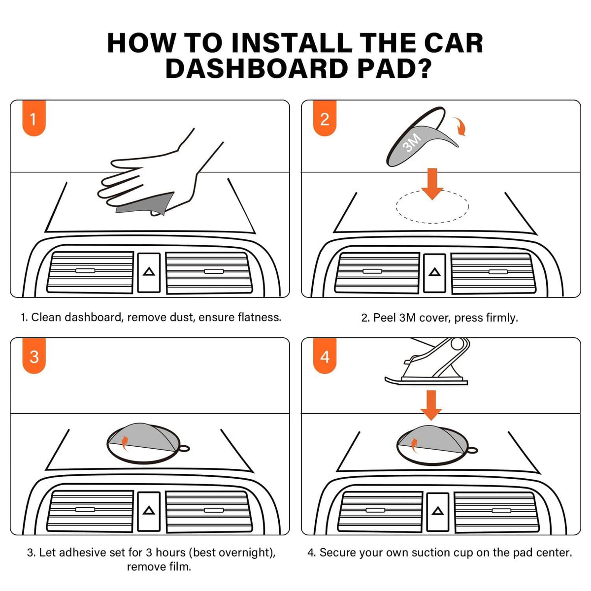 Black car dashboard adhesive pad being pressed on with red 3M VHB backing