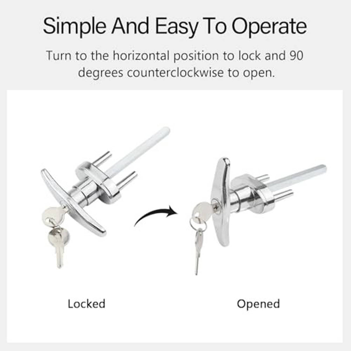 T-handle garage door lock with cylinder and keys, shown locked and opened