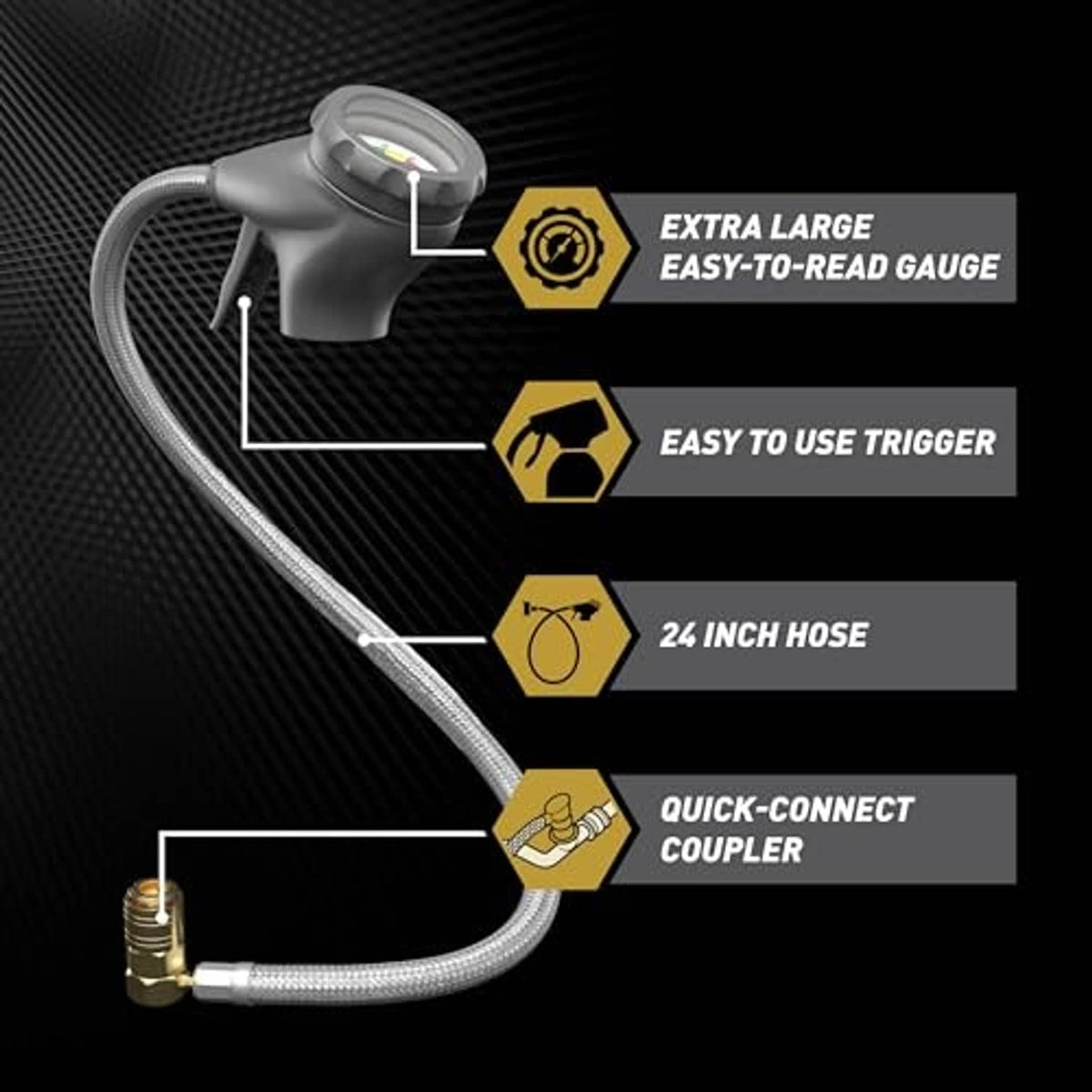 A/C gauge hose kit close-up with braided 24 inch hose and quick-connect coupler