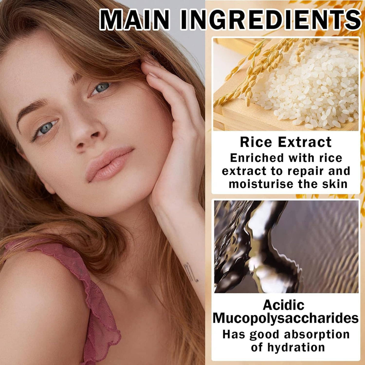 Rice extract ingredient visuals next to skincare serum bottle and white product box
