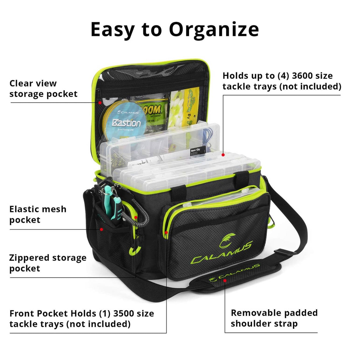 Black tackle bag with clear-view storage pocket, mesh pocket, and zipper pockets