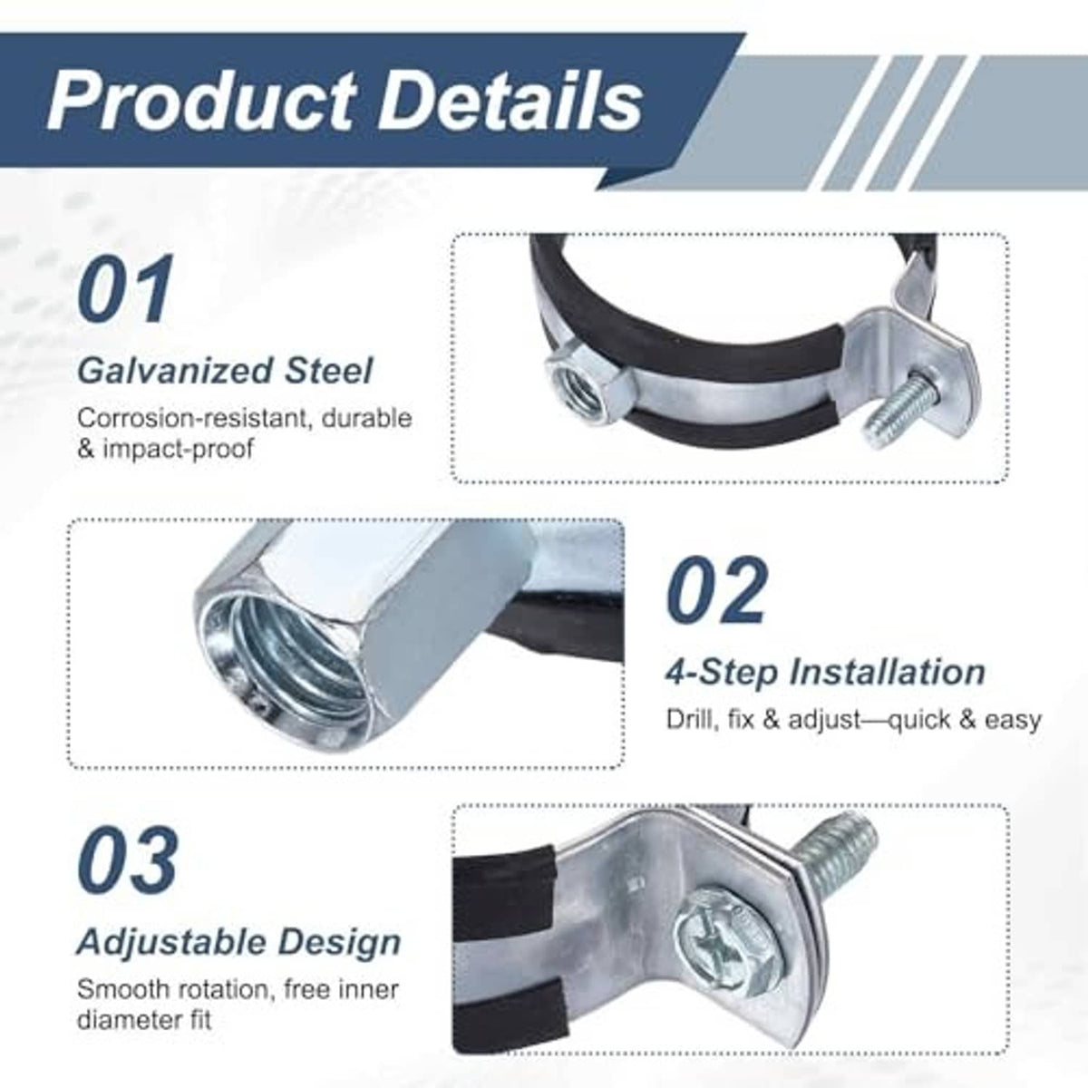 Galvanized steel split ring pipe clamp with black band, hex bolts, and adjustable design
